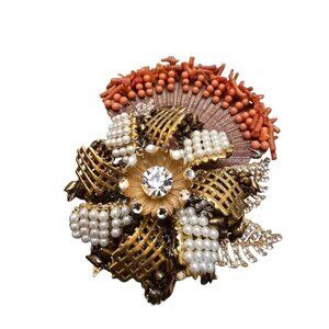 Vintage NOS VRBA Rhinestone & Coral Shell Flower Brooch (A8714)